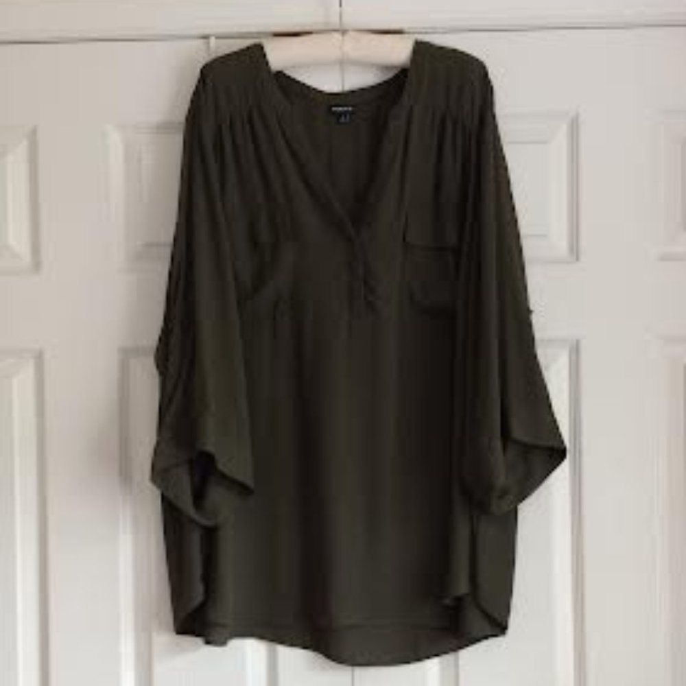 Torrid Harper Georgette 3/4 Sleeve Pullover Blouse - Olive Green - 5X